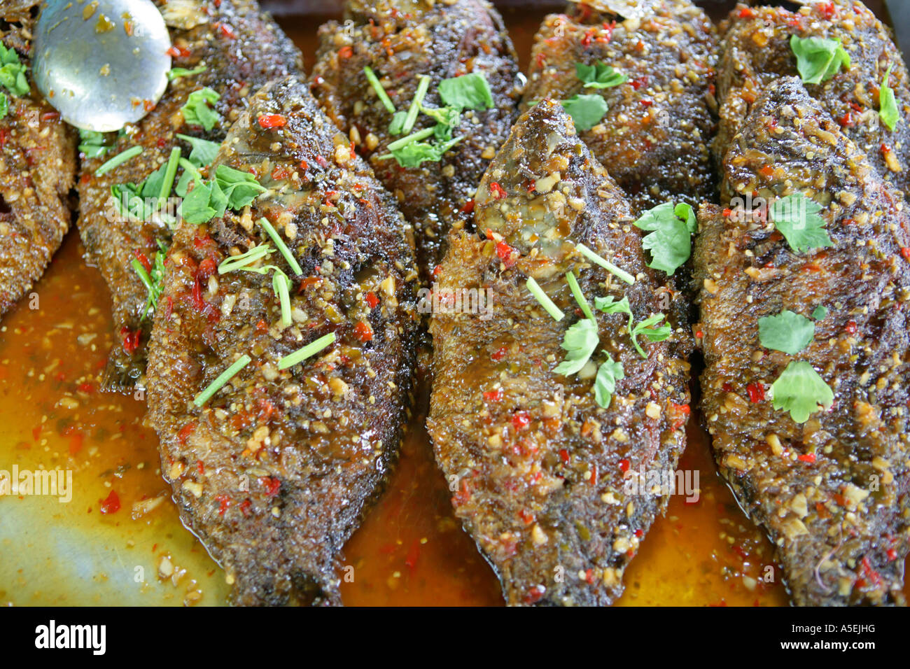 Thai food fried fish on market in Thailand Stock Photo