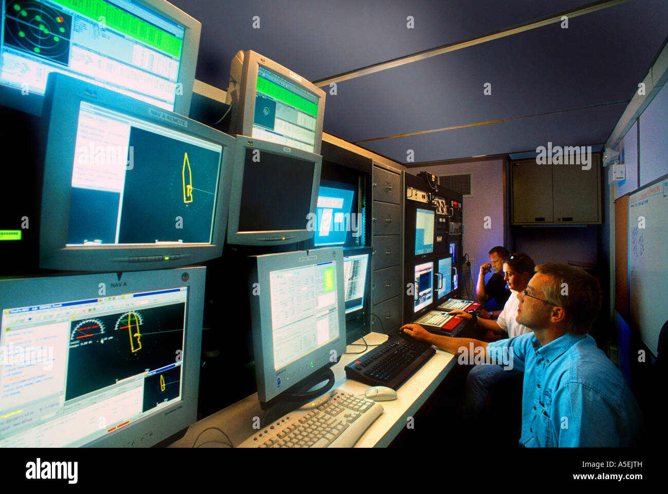 An Autonomous Underwater Vehicle, AUV, performs 3-D seismic survey studies operating untethered, responding to on board commands Stock Photo