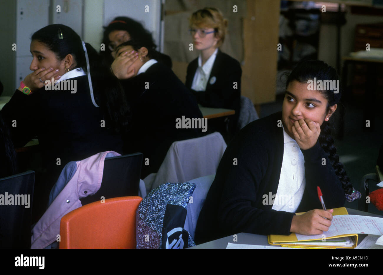 Secondary School 1990s UK. Ethnic diversity asian girl students in classroom Greenford High School, Middlesex  London 1990 England HOMER SYKES Stock Photo