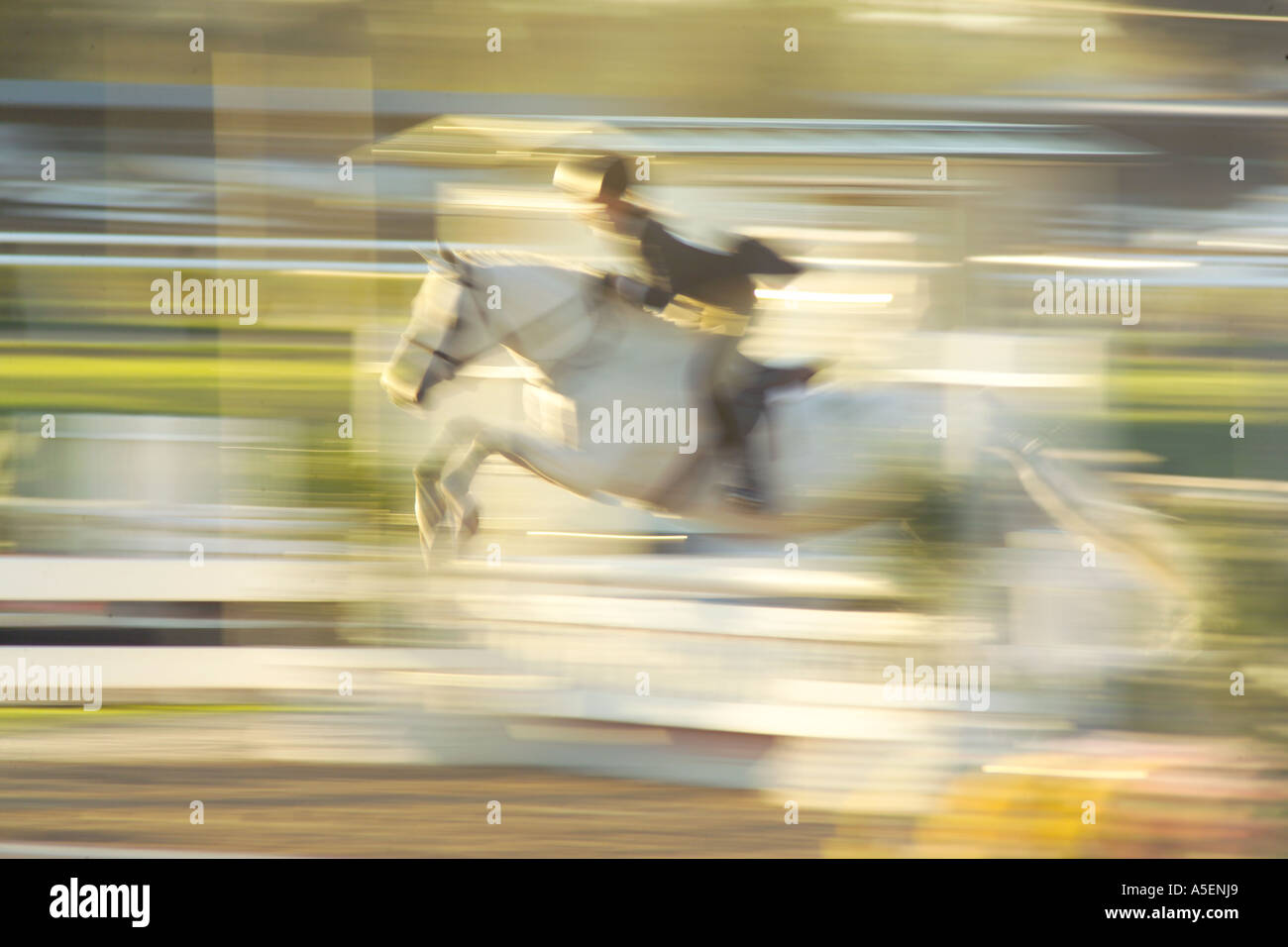 Blur action as young female rider jumping obstacle during hunt seat junior competition Stock