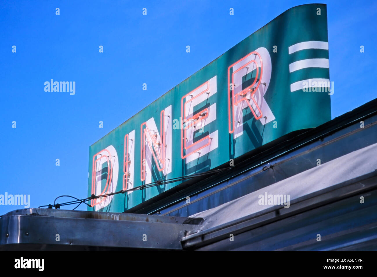 Typical Diner Sign,The Historic Village Diner, Town of Red Hook, Dutchess County, New York State, USA Stock Photo