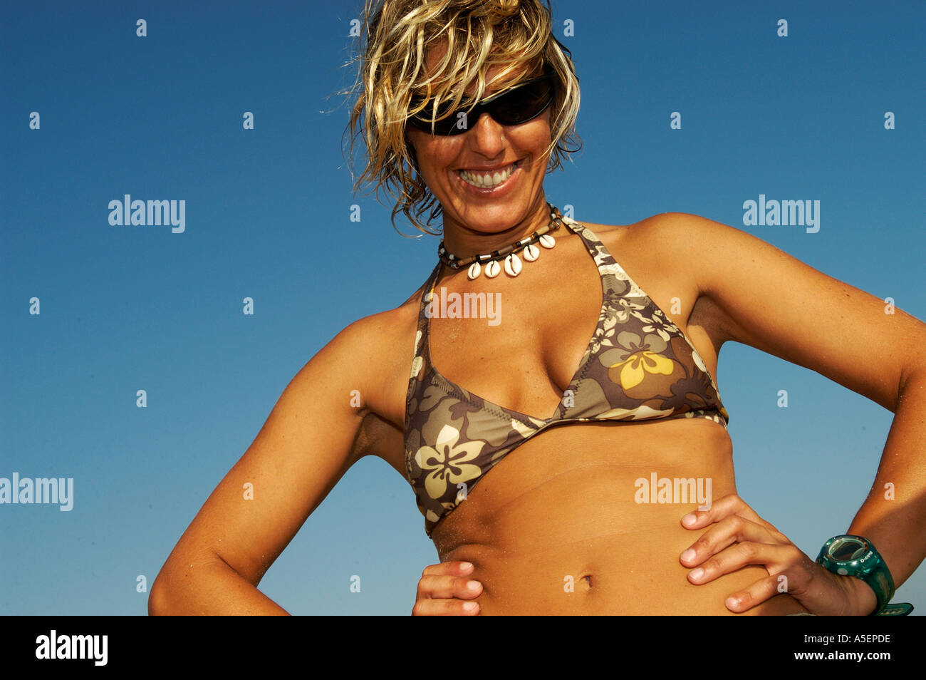 Wonder Woman Happy Tanned Blonde Woman Smiling Woman In Bikini