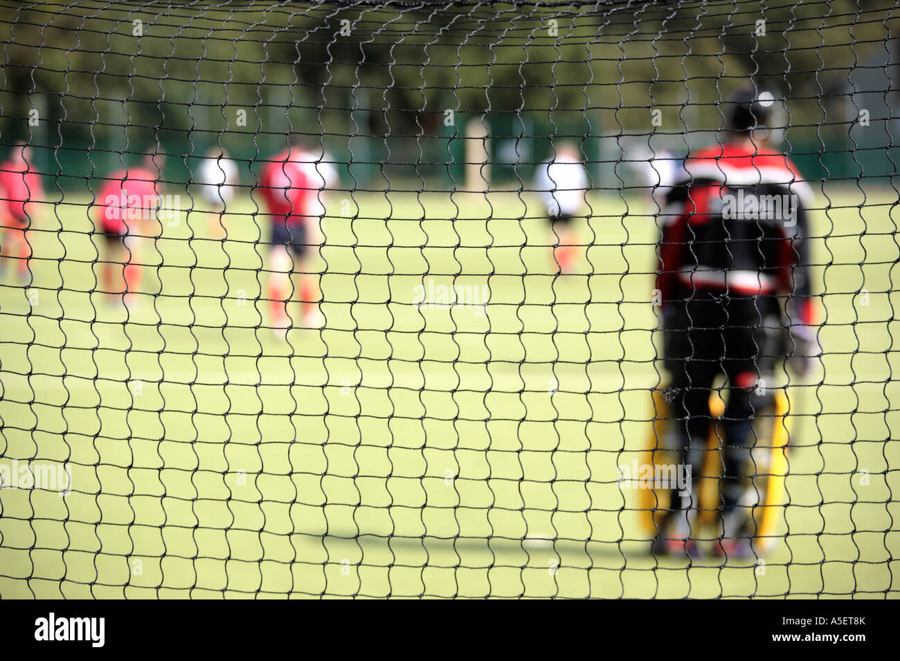 Defocused hockey players from behind goal Stock Photo Alamy