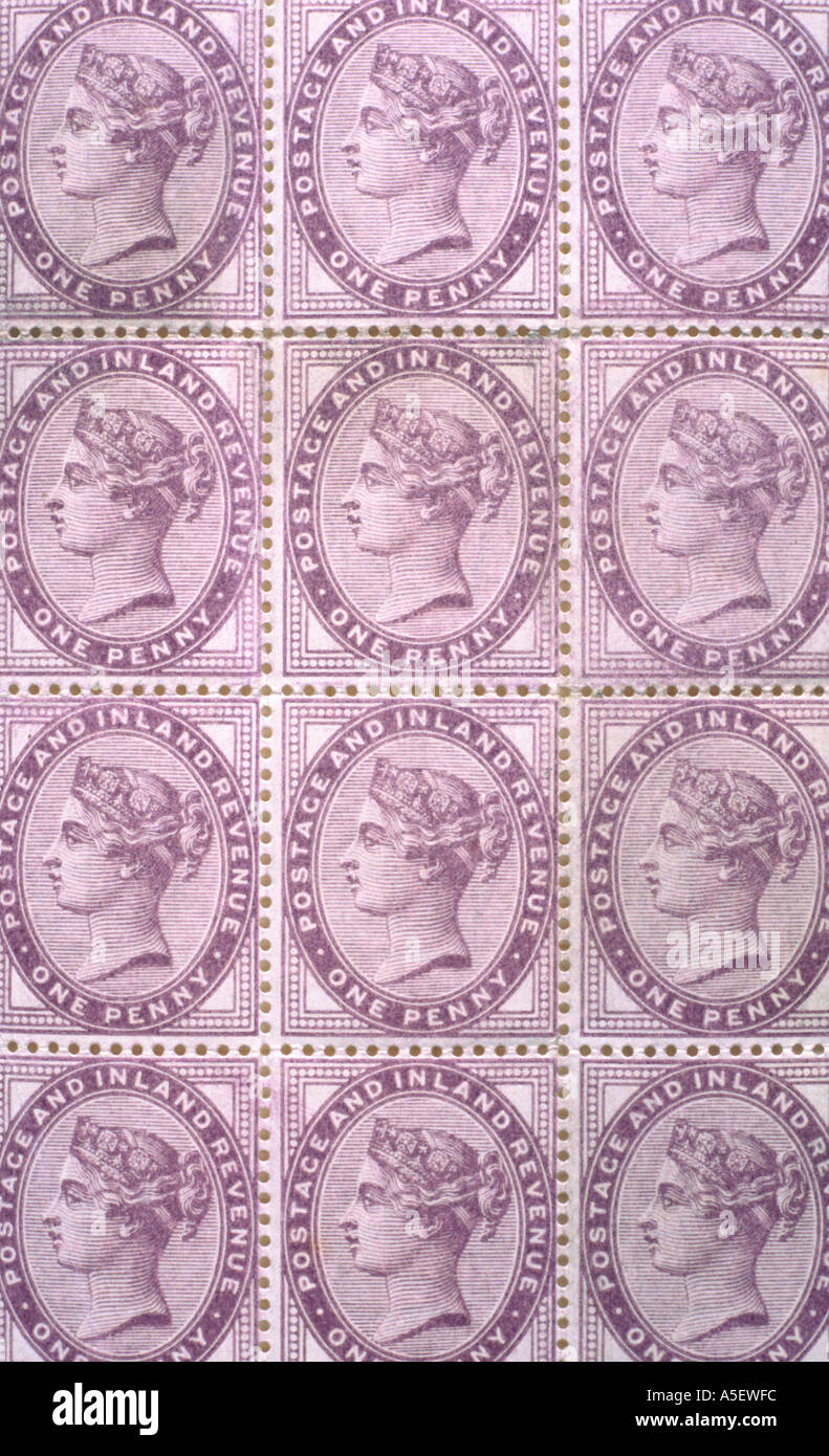 sheet of Victorian Penny Lilac stamps Stock Photo