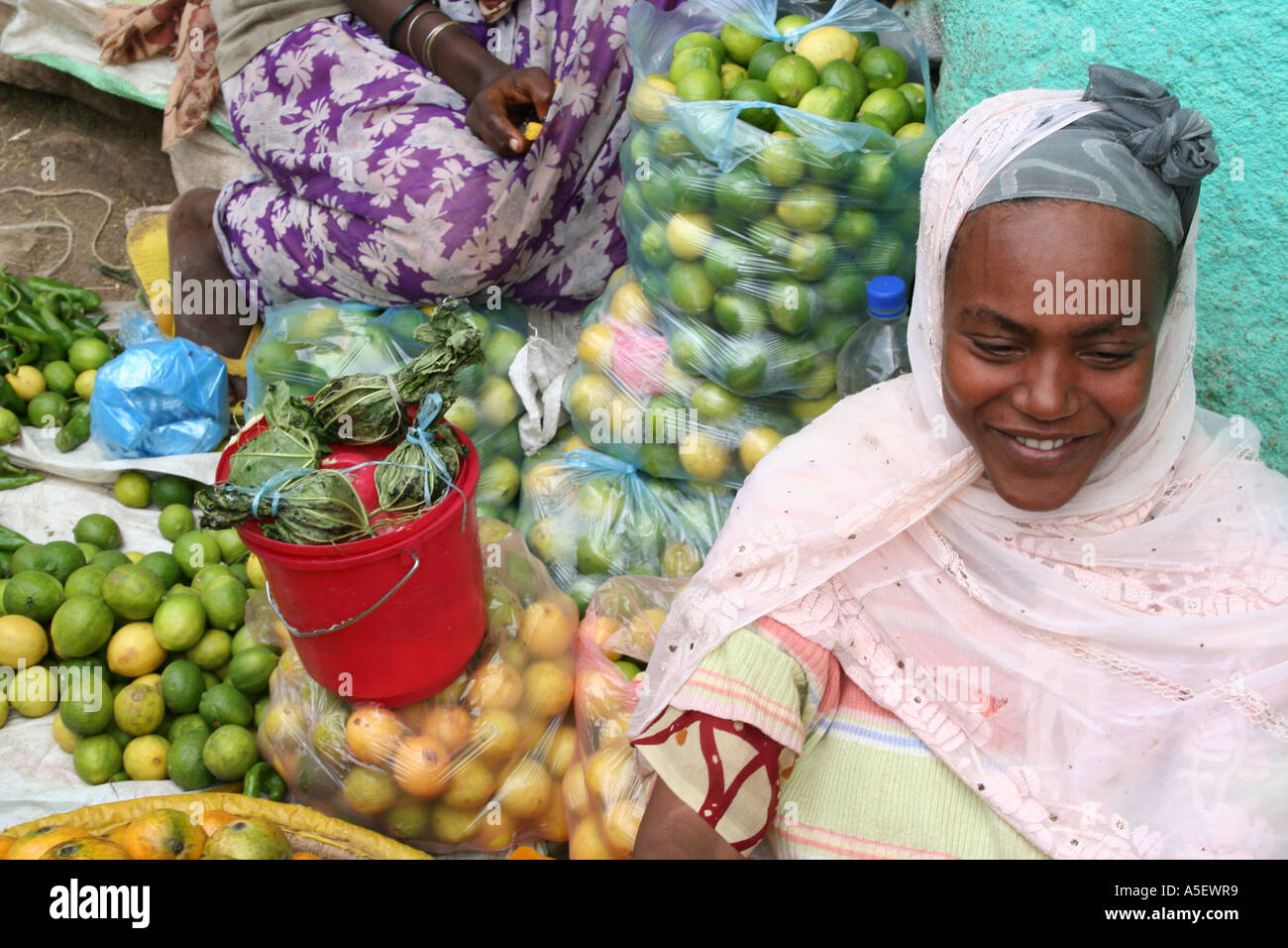 Harar, Ethiopia, woman selling fruit in a market Stock Photo