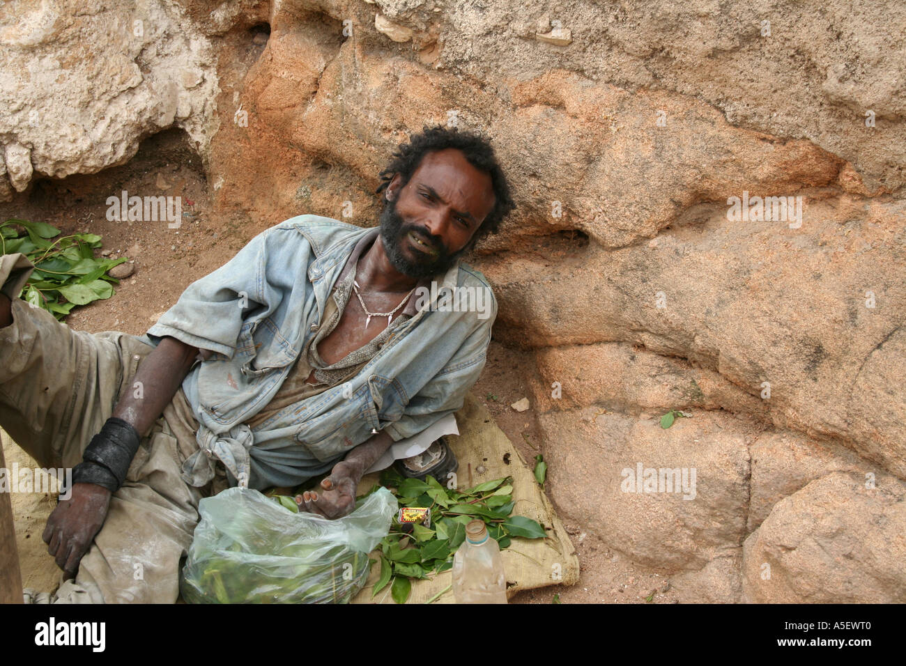 Harar, Ethiopia, Qat in the mouth of an addict Stock Photo