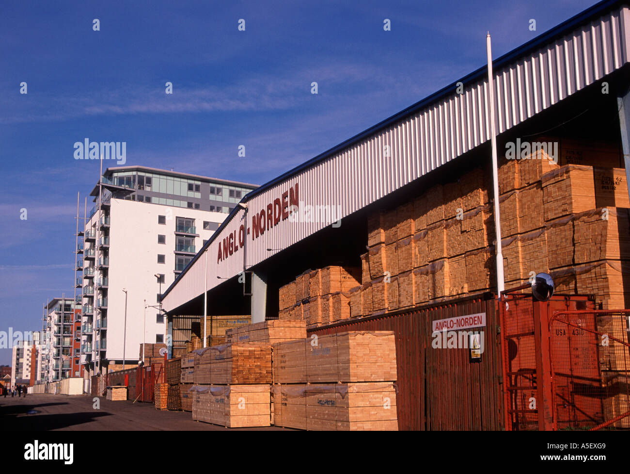 Timber store and new apartments Ipswich Wet Dock, Suffolk, England