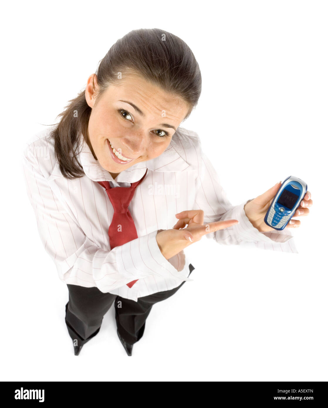 isolated businesswoman points to mobile phone Stock Photo Alamy