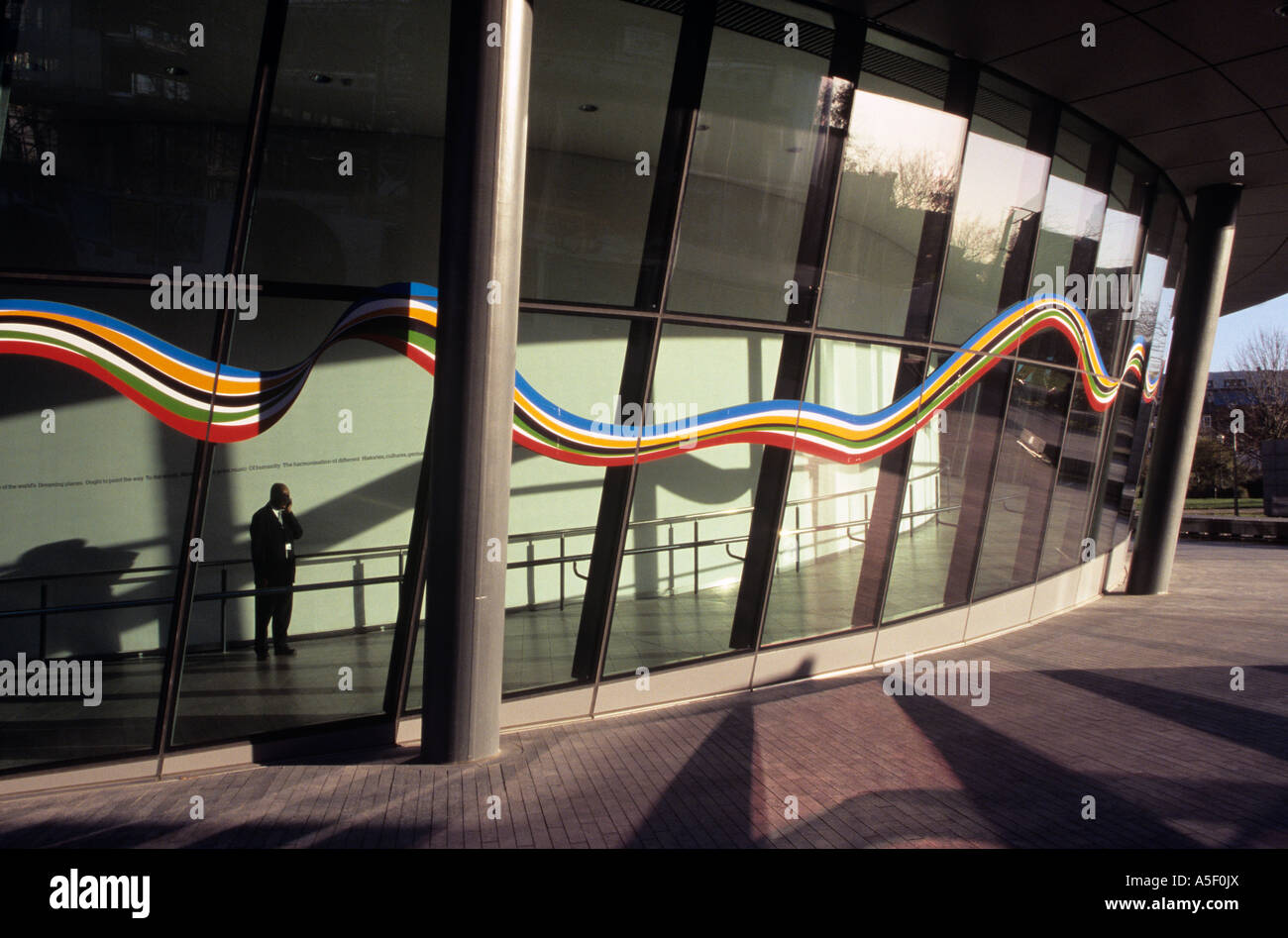 The glass wall of a building decorated with the logo for the London ...