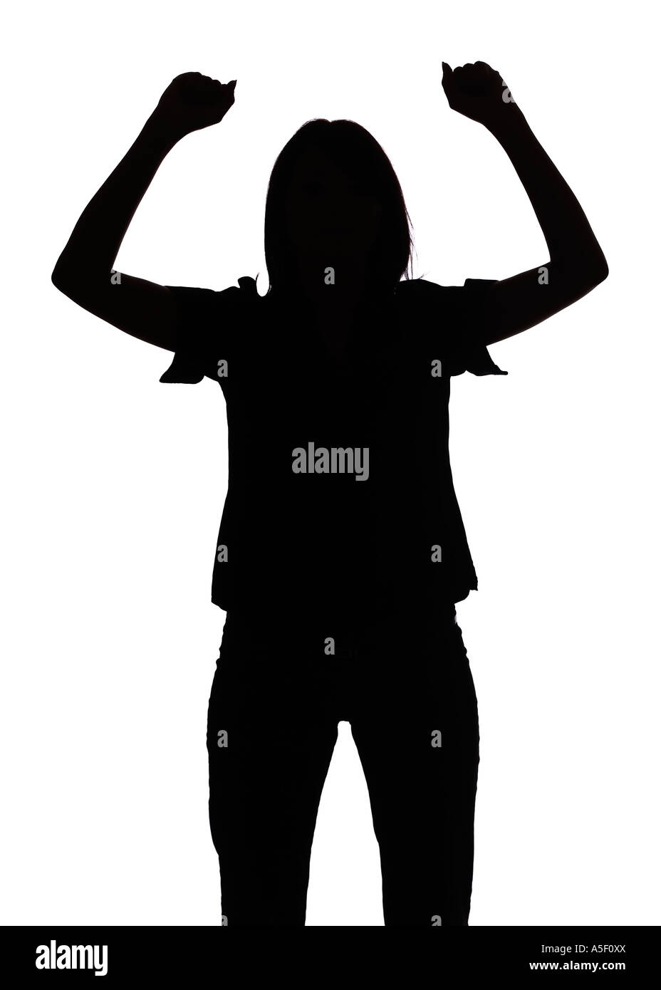 isolated on white silhouette of woman with arms up Stock Photo - Alamy