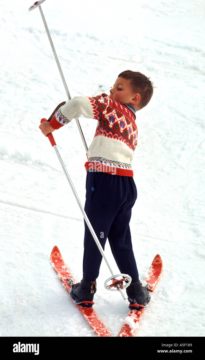 France French Alps Vallois Boy in a muddle on skis in 1963  Stock Photo