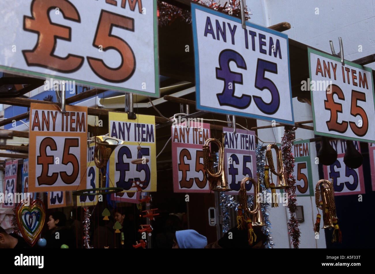 Price tags hanging in a shop at Notting Hill Gate London Stock Photo