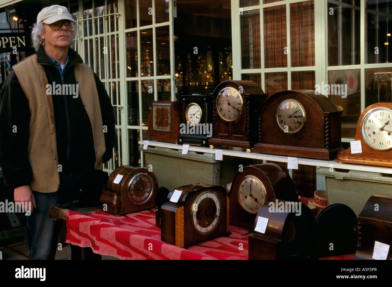 Clocks for sale in shop, Portobello market, Notting Hill Gate, London