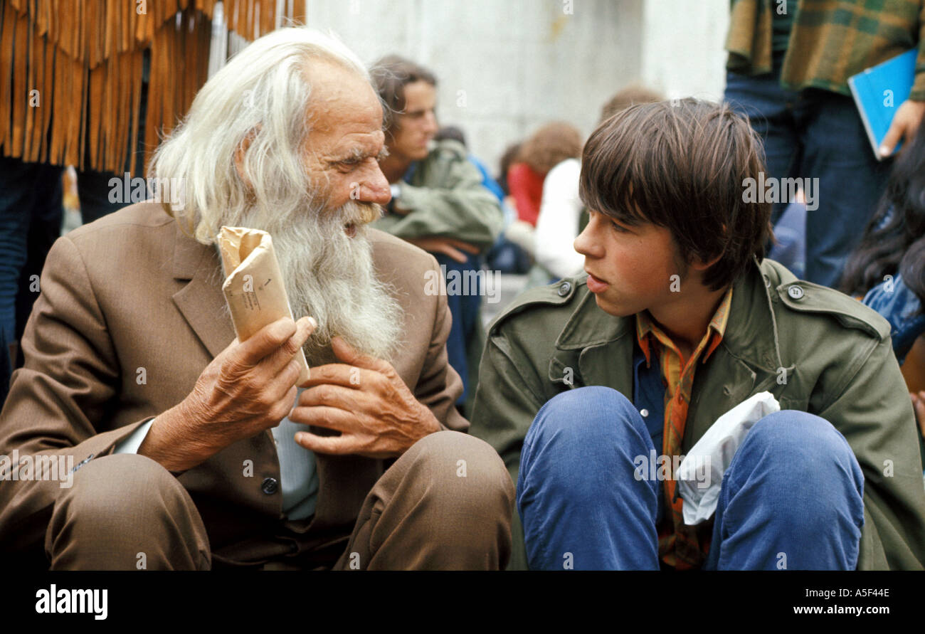 Holland Amsterdam Hippies old and young talking in 1970  Stock Photo