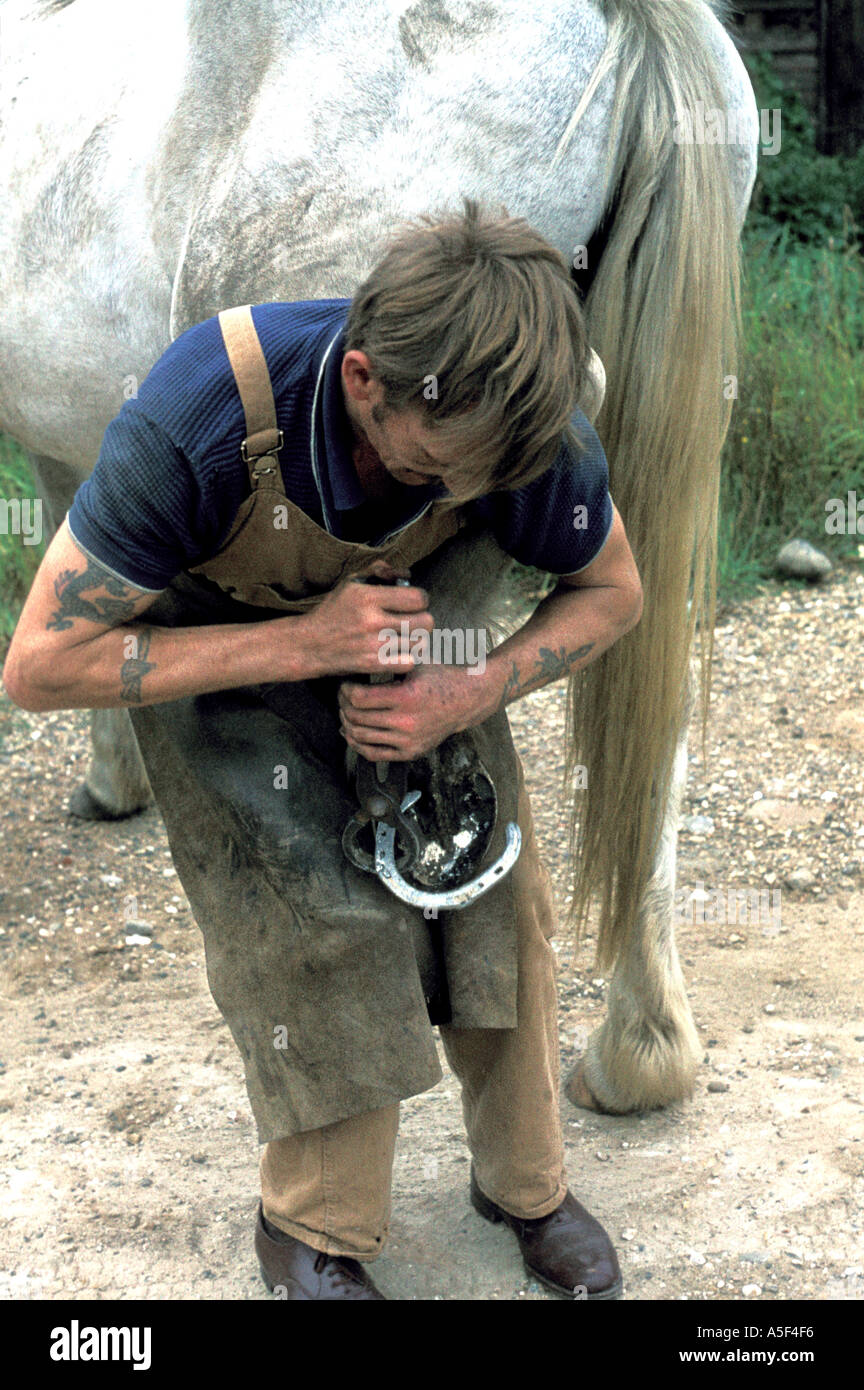 Blacksmith Mac shoeing a horse named Kelly 1970s  Stock Photo