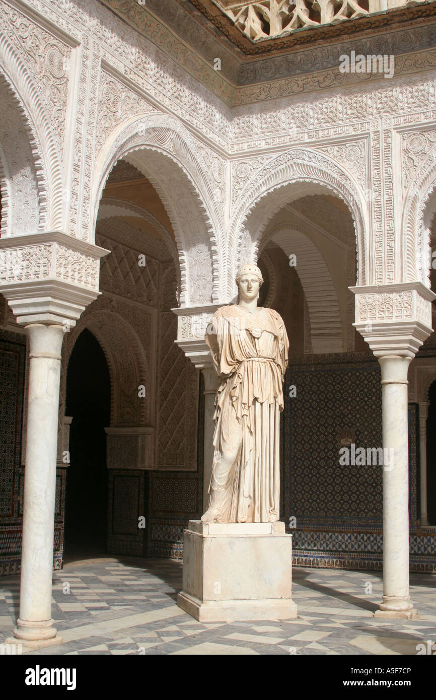 Casa de Pilatos Main Patio with sculpture of Athena Seville Andalucia Spain Espana Stock Photo