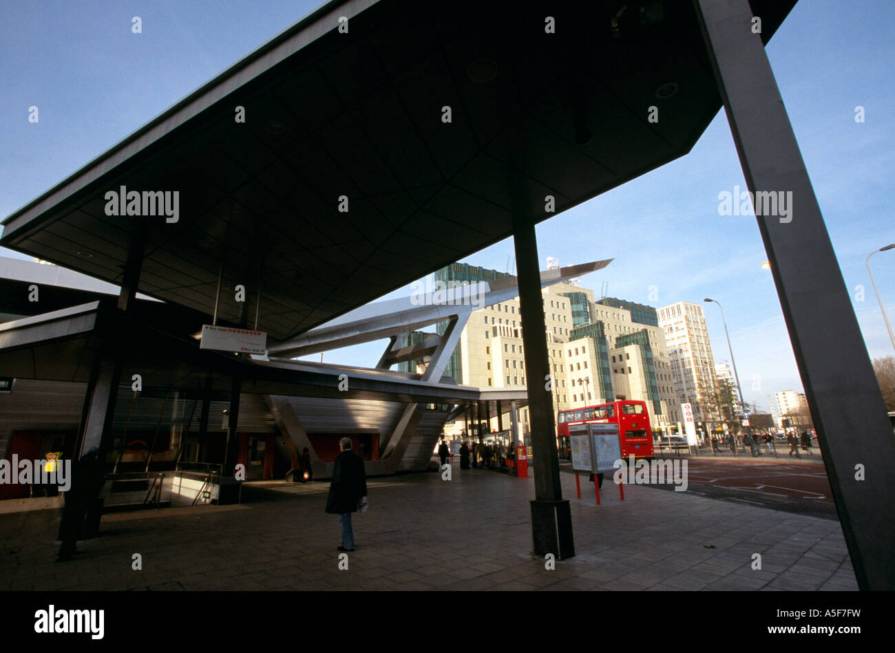 A view of the Vauxhall bus station with MI6 Headquarters in the background London Stock Photo