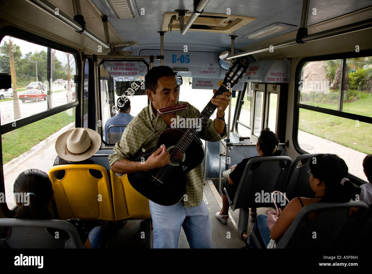 man playing guitar on bus in Puerto Vallarta Stock Photo Alamy