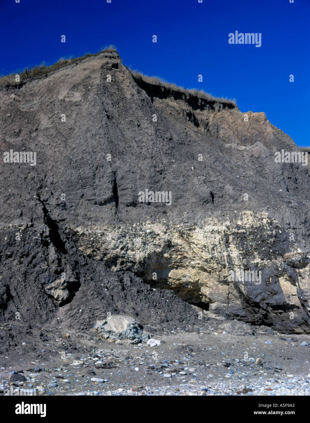 Section through a cliff face showing topsoil and boulder clay overlying magnesium limestone, Seaham, Durham coast, England, UK. Stock Photo