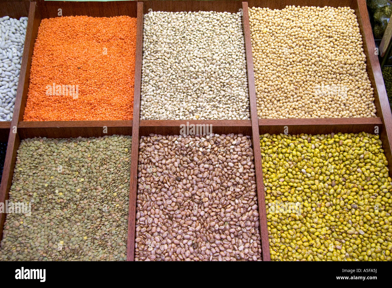 Dried beans peas and lentils for sale at the Mercado Municipal in Sao