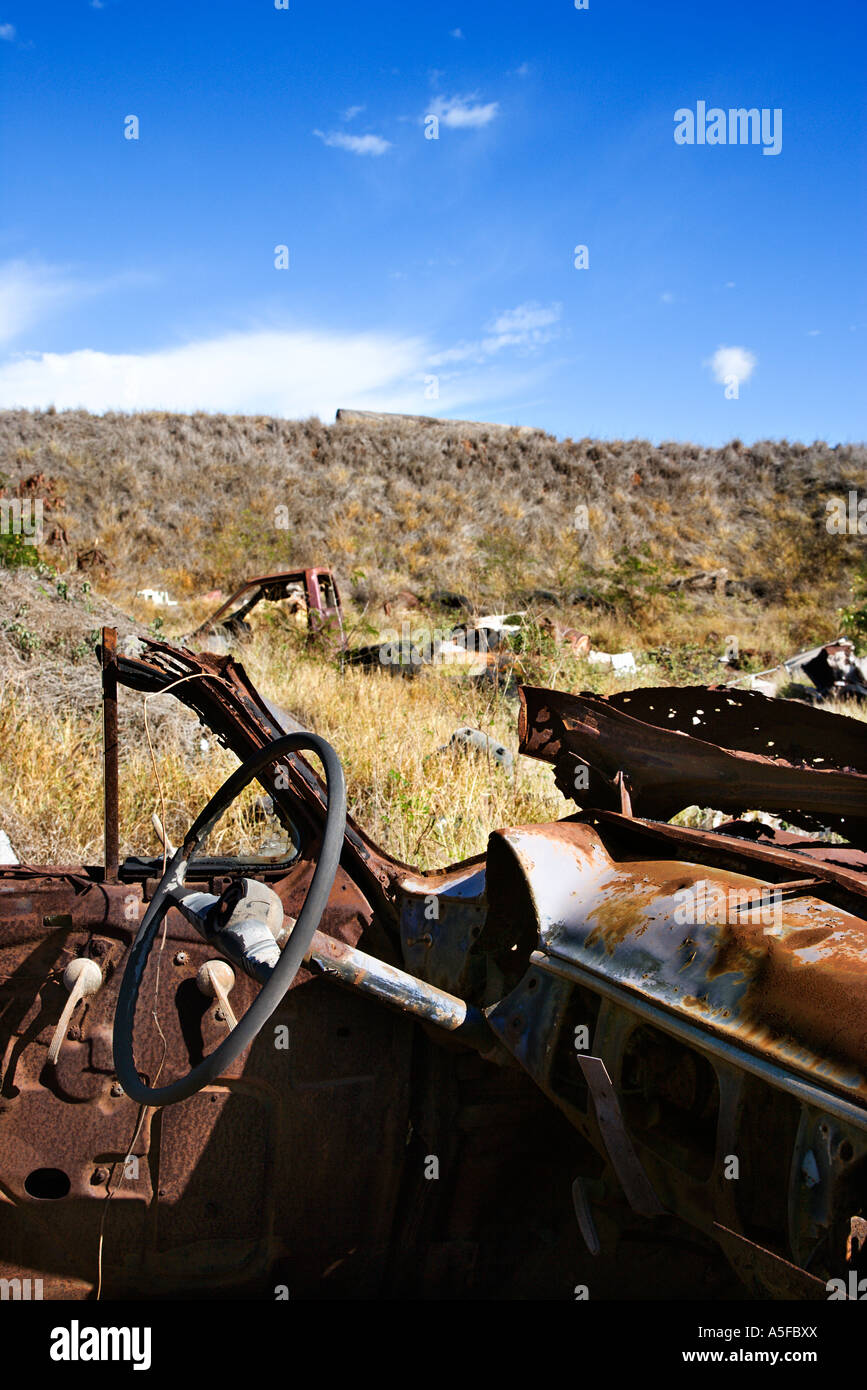 Driver s wheel of old abandoned and rusted car in field Stock Photo - Alamy