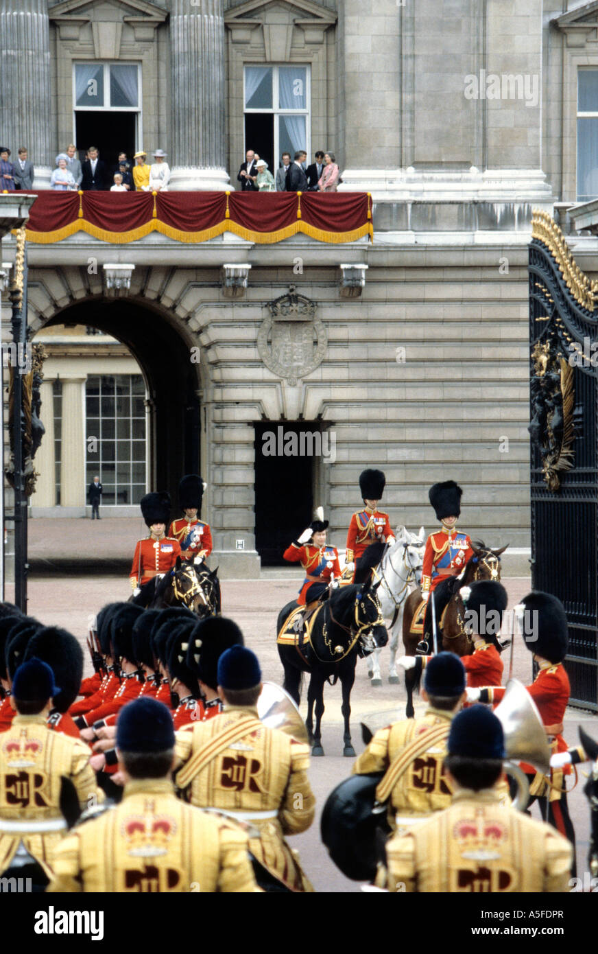 Trooping the Colour in London England Queen Elizabeth II on horseback in front of Buckingham Palace Stock Photo