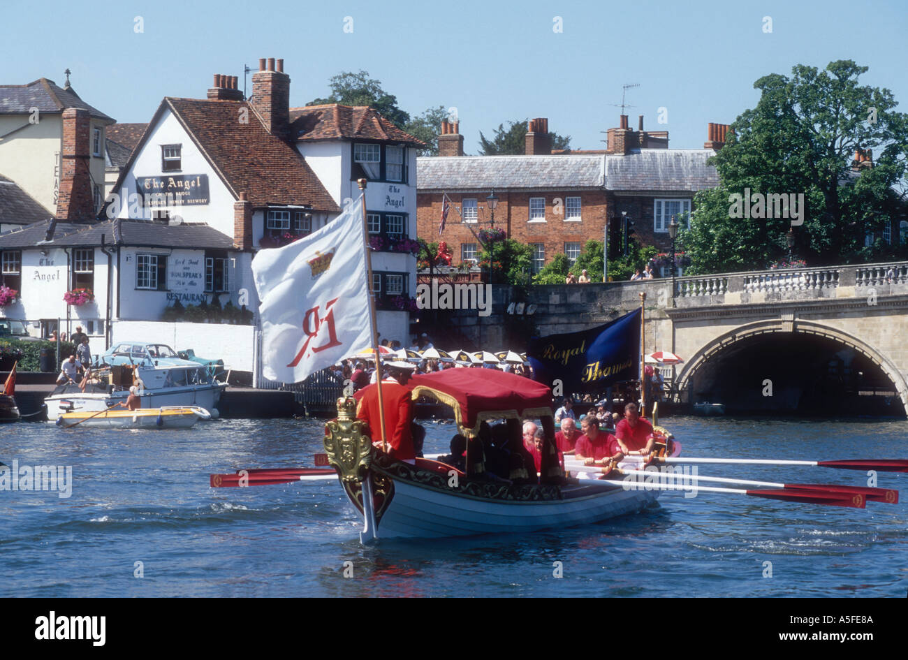 Royal Thamesis a 1997 replica of a six oared royal shallop type barge on the River Thames at Henley Oxfordshire England UK Stock Photo