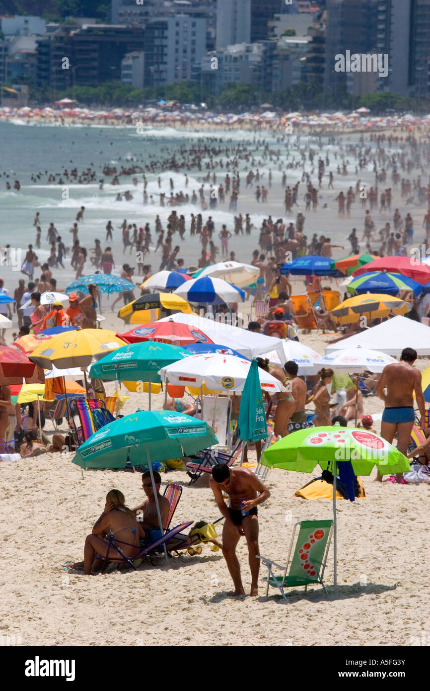 Crowded beach scene at the Copacabana Beach in Rio de Janeiro Brazil Stock Photo