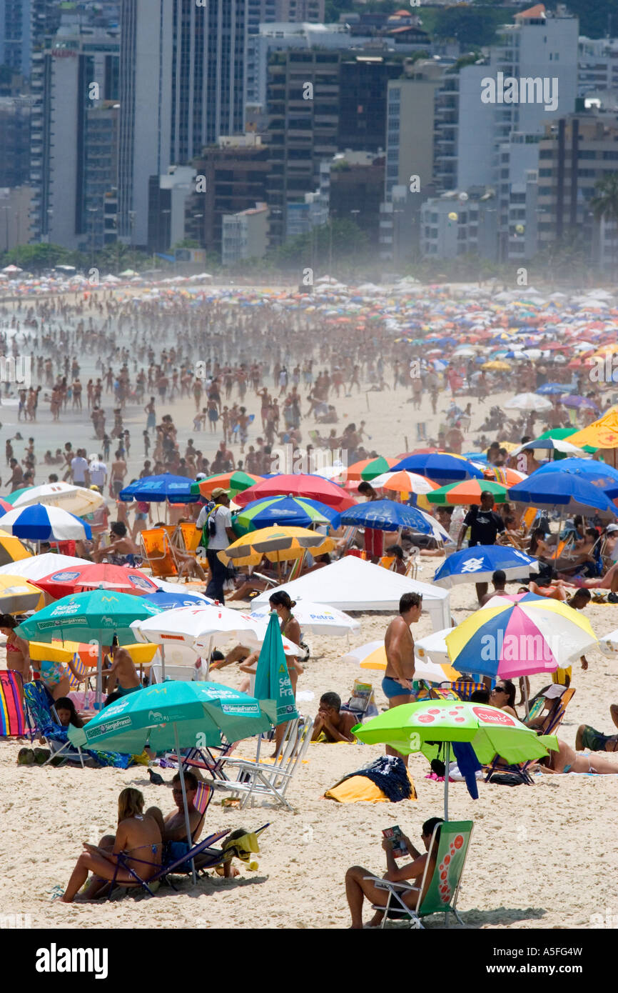Crowded beach scene at the Copacabana Beach in Rio de Janeiro Brazil Stock Photo