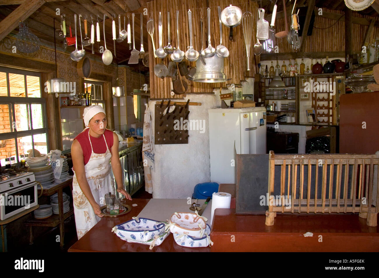 Brazilian woman working in a rustic country restaurant near Sao Paulo Brazil Stock Photo