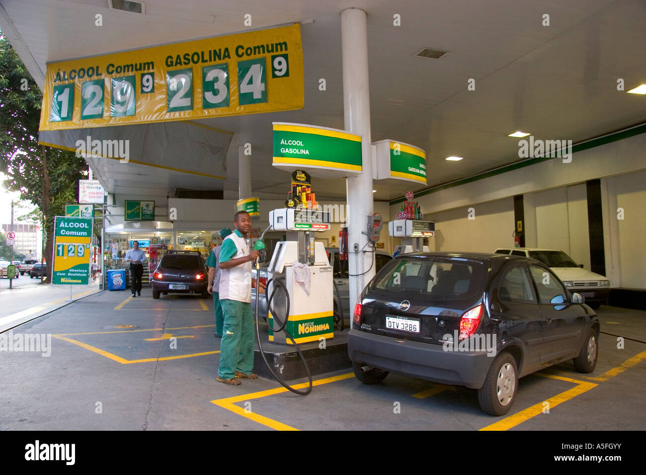 Gas station showing prices for gasoline and alcohol in litres in Sao Paulo Brazil Stock Photo