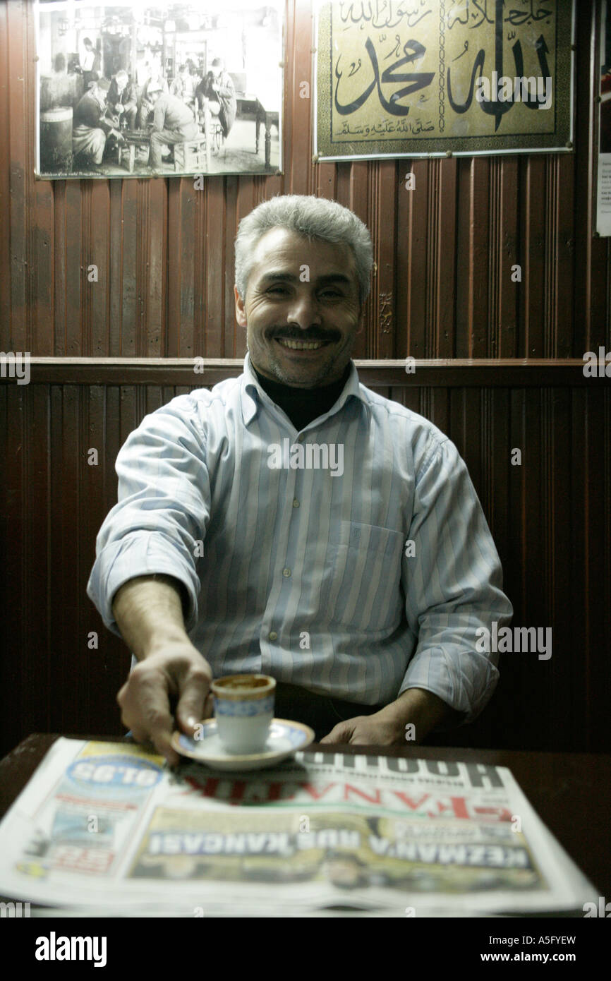 MAN DRINKING TURKISH COFFEE IN A COFFEEHOUSE, TURKEY Stock Photo