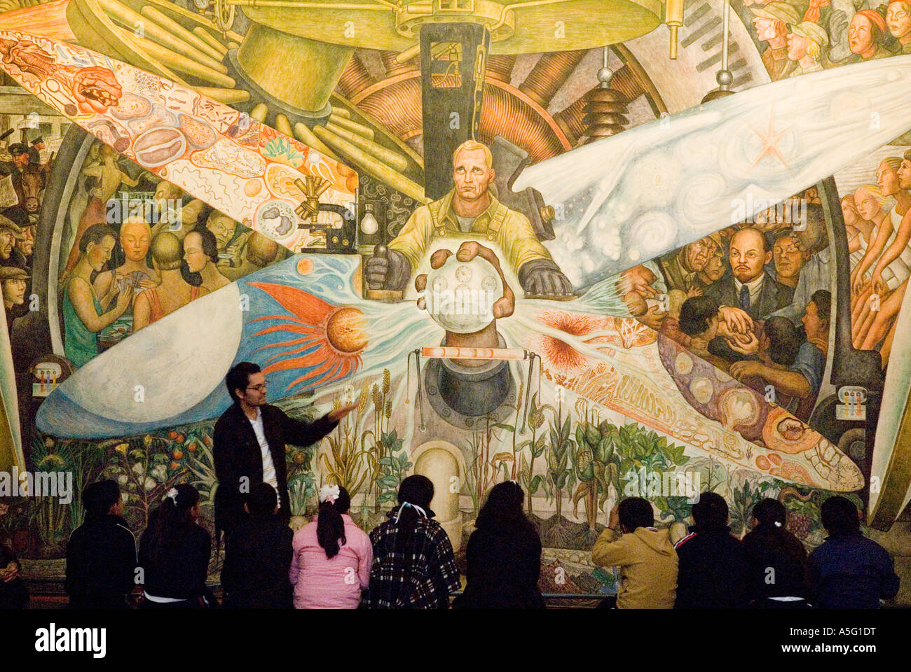 man explain to children diego rivera mural - bellas artes palace - mexico city Stock Photo
