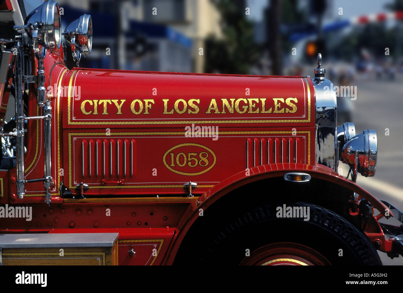 Front end of stylish old fire truck waiting its turn to participate in 4th of July parade in Los Angeles, California Stock Photo