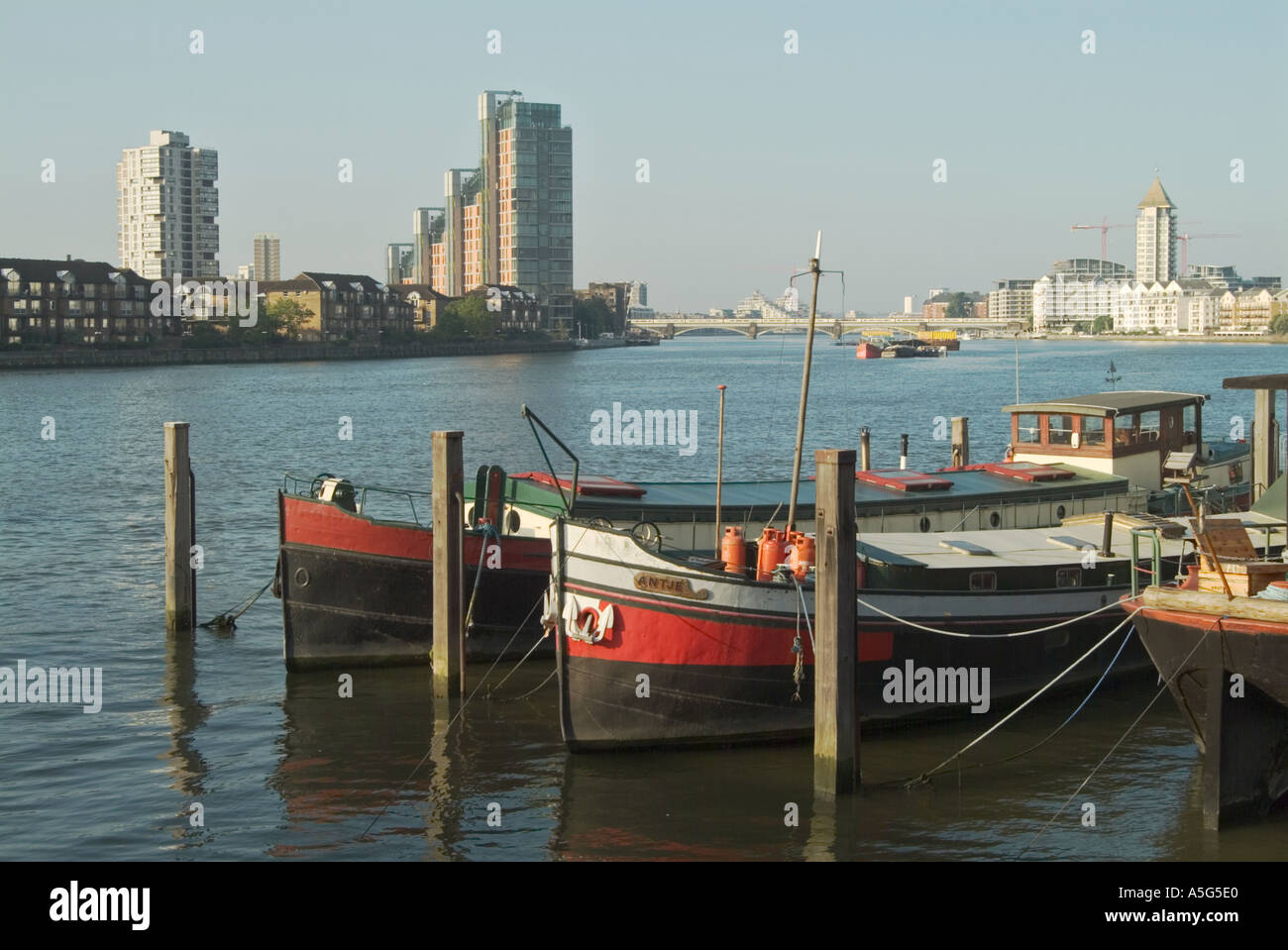 River Thames at Chelsea Wharf with view of luxury flats at Chelsea