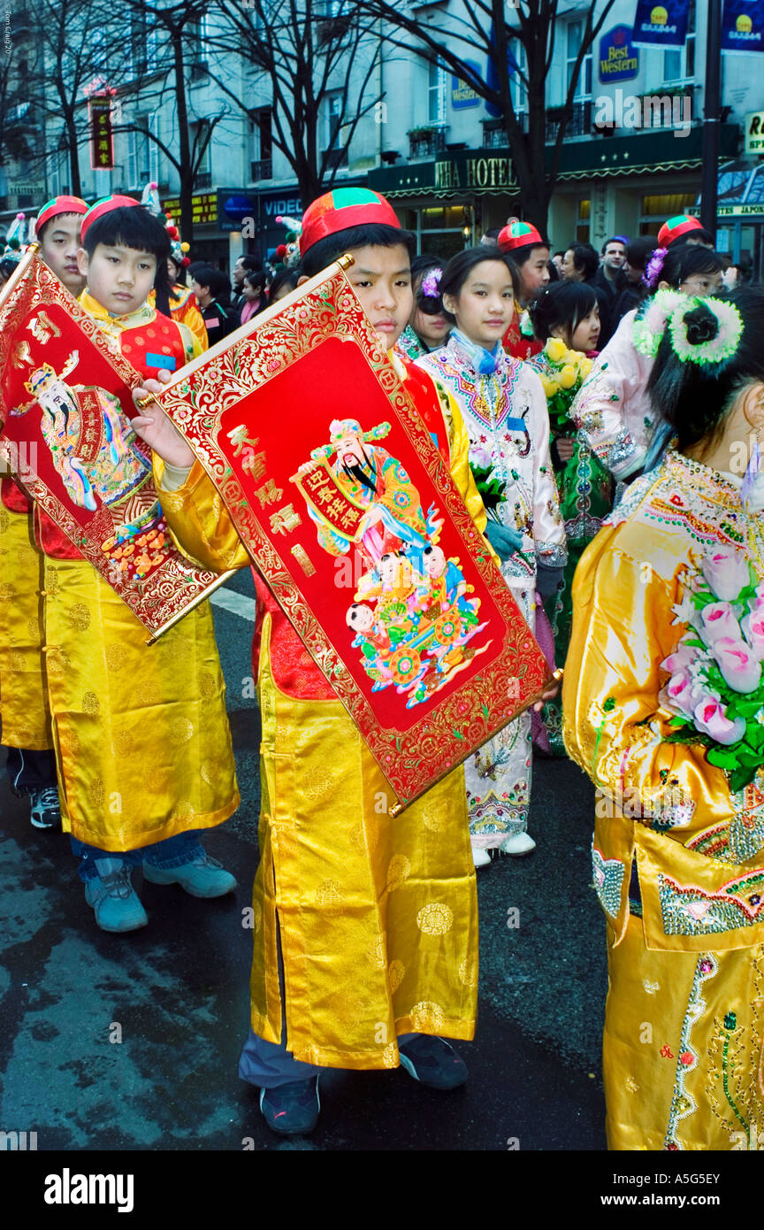 Paris France 'French Chinese Children' in 'Traditional Costumes' Parading in 'Chinese new years' 'Carnival in Street' Stock Photo