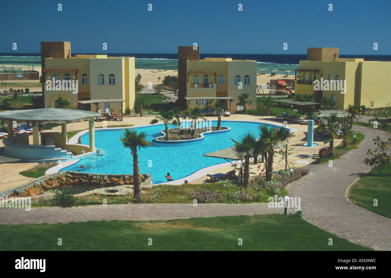 Swimming pool at Sol Y Mar Hotel Marsa Alam Red Sea Egypt diving Stock