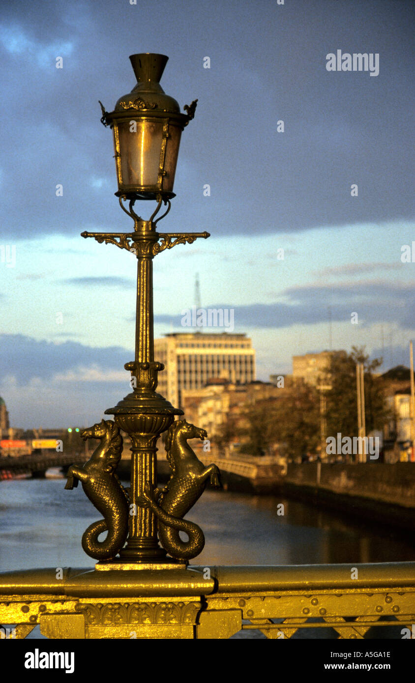 Detail of lamp post on Grattan Capel St Bridge Dublin River Liffey in Background Stock Photo Alamy