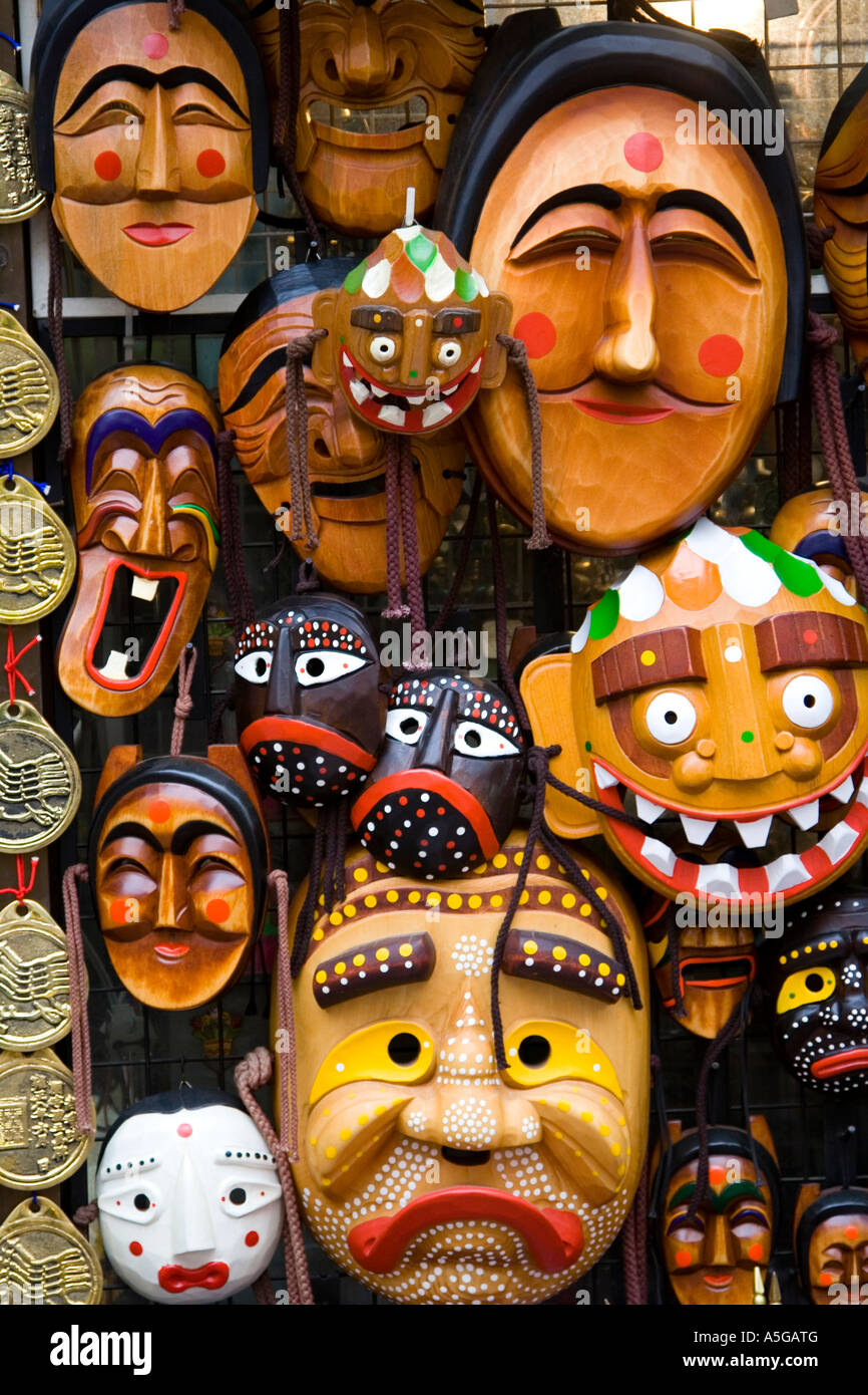 Souvenir Traditional Carved Wooden Tal Masks Insadong Seoul Korea Stock Photo