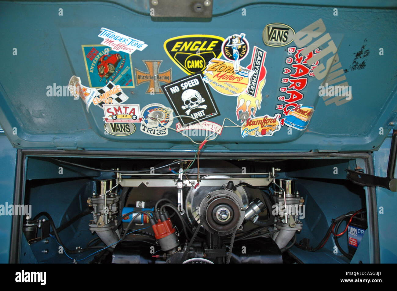 Engine detail on old VW split screen camper van rat look Stock Photo