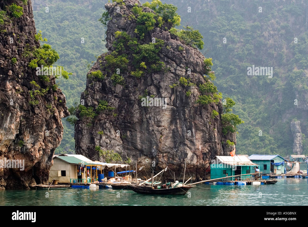 Houseboats Limestone Karsts Halong Bay Vietnam Stock Photo