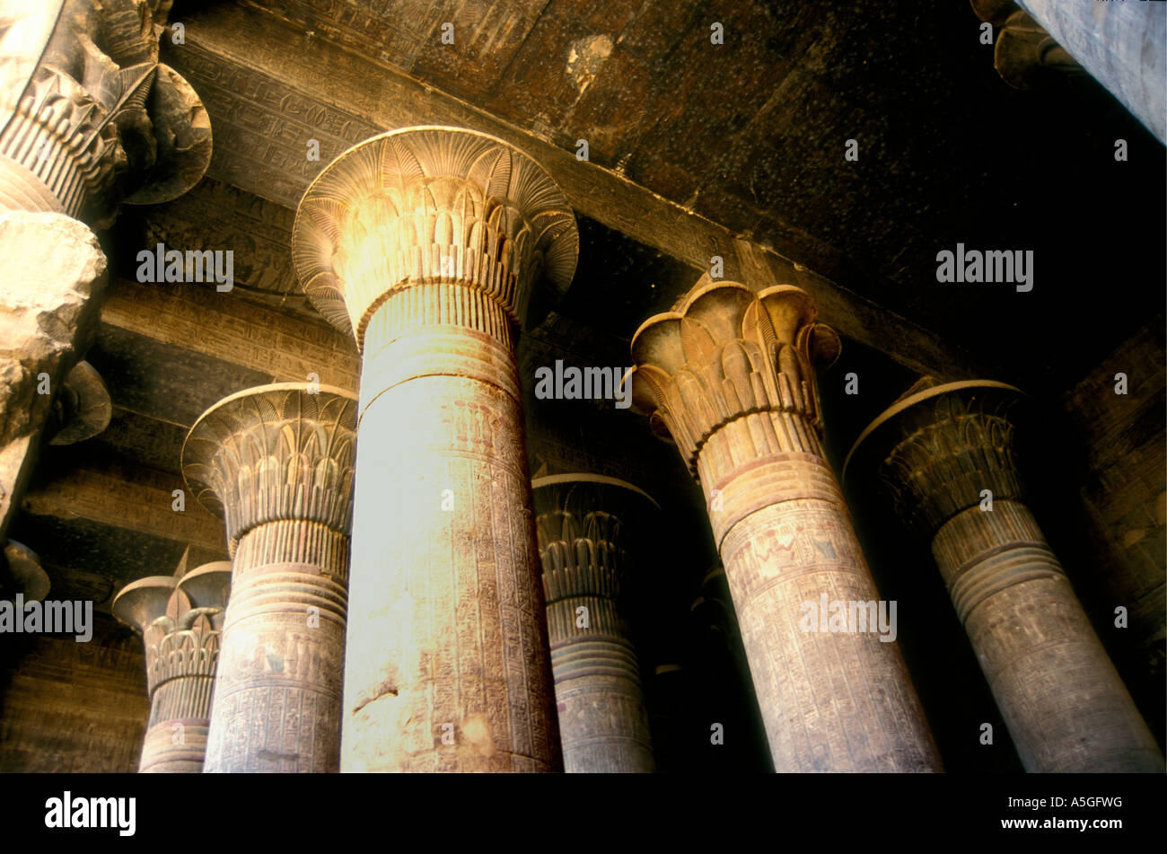 Detail of pillars and capitals in the Temple of Edfu on the banks of the river Nile Egypt north Africa Stock Photo