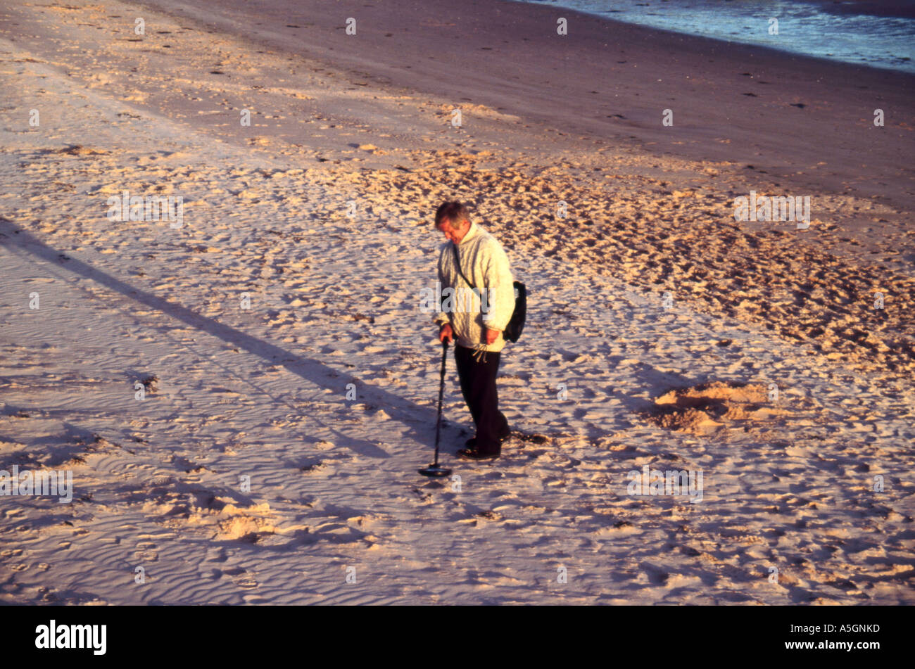 Man using metal detector on the beach Orkney Islands Scotland Stock