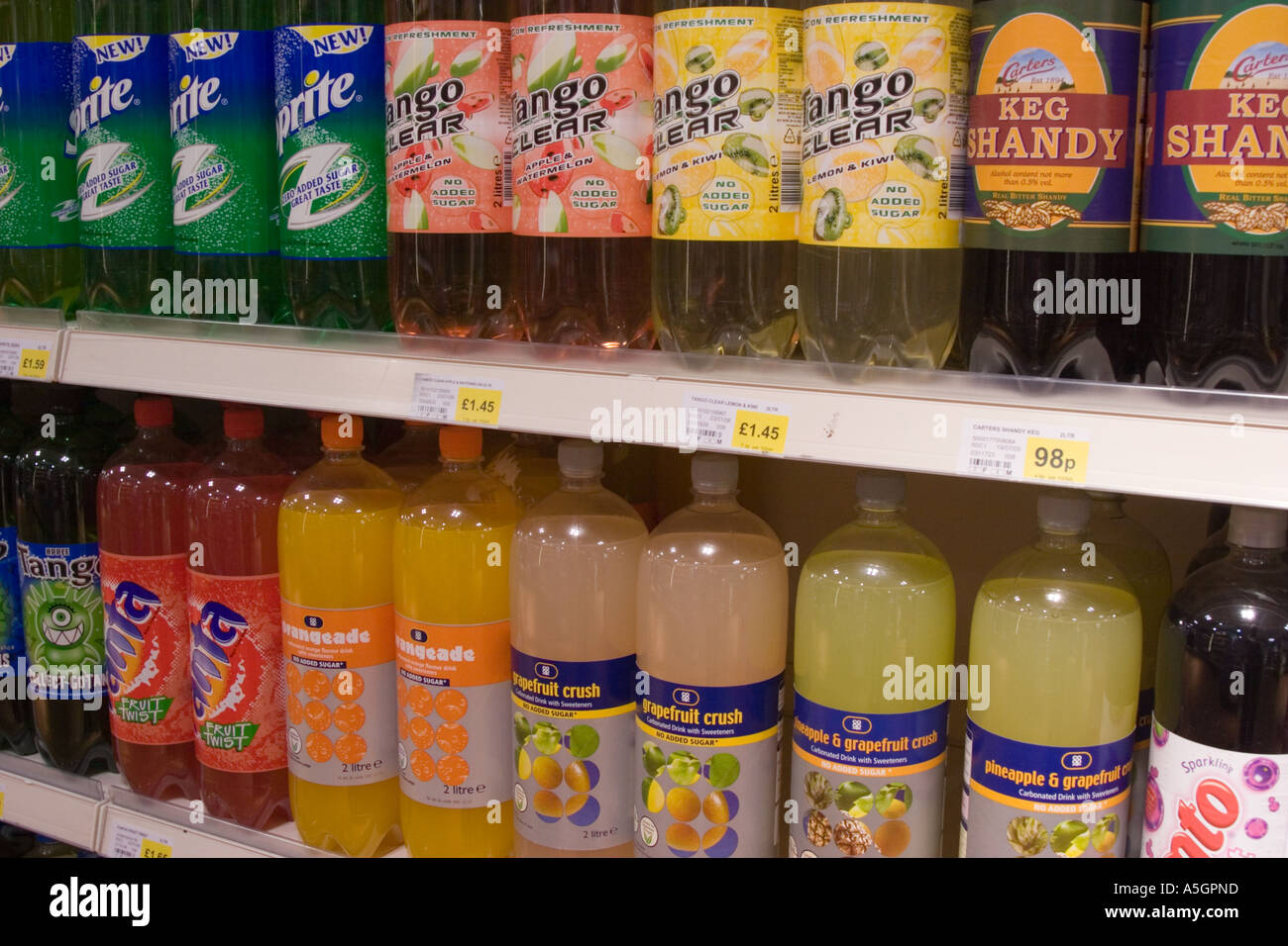 Fizzy drinks for sale on supermarket shelves Stock Photo Alamy