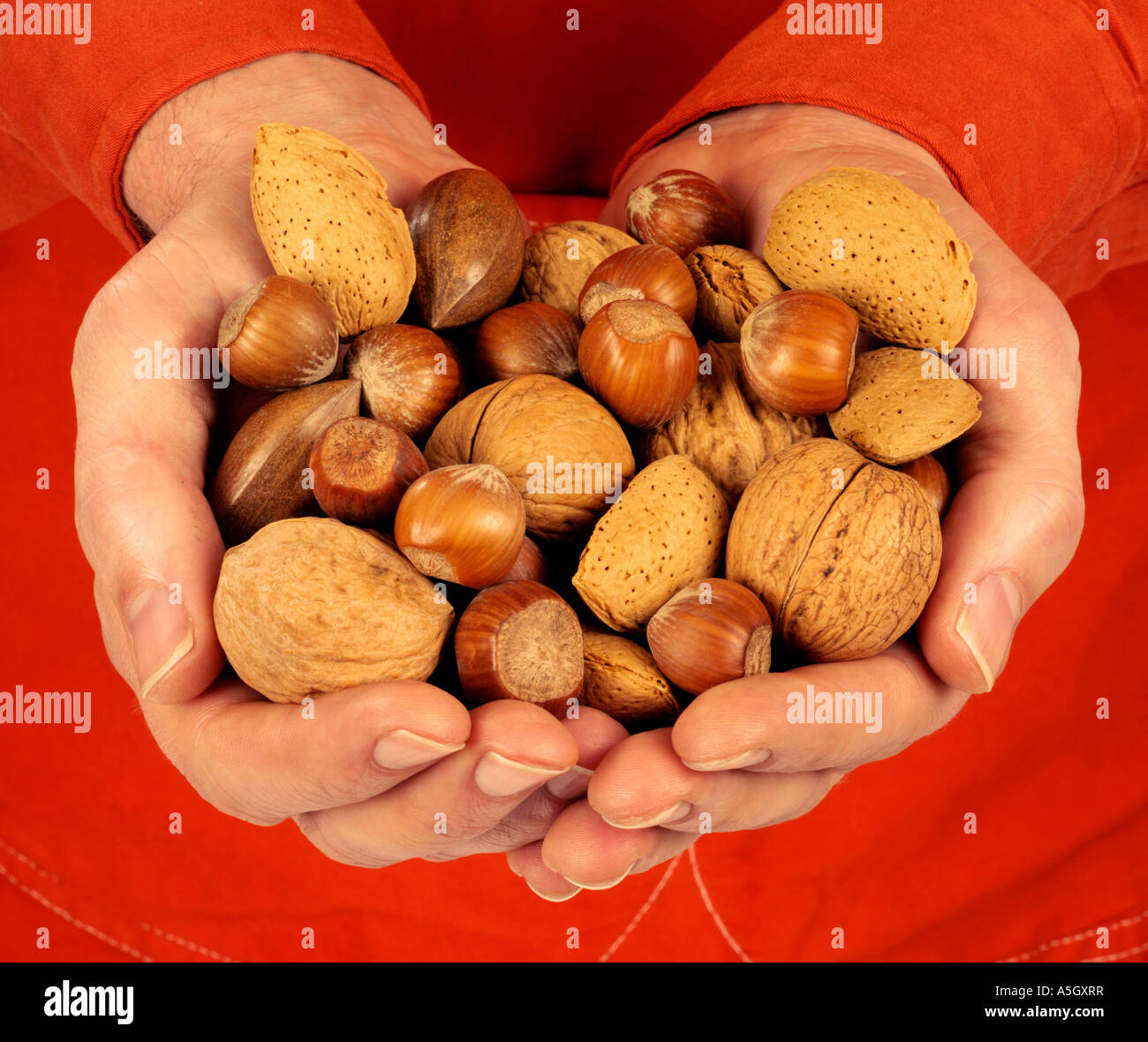 MAN HOLDING MIXED NUTS Stock Photo