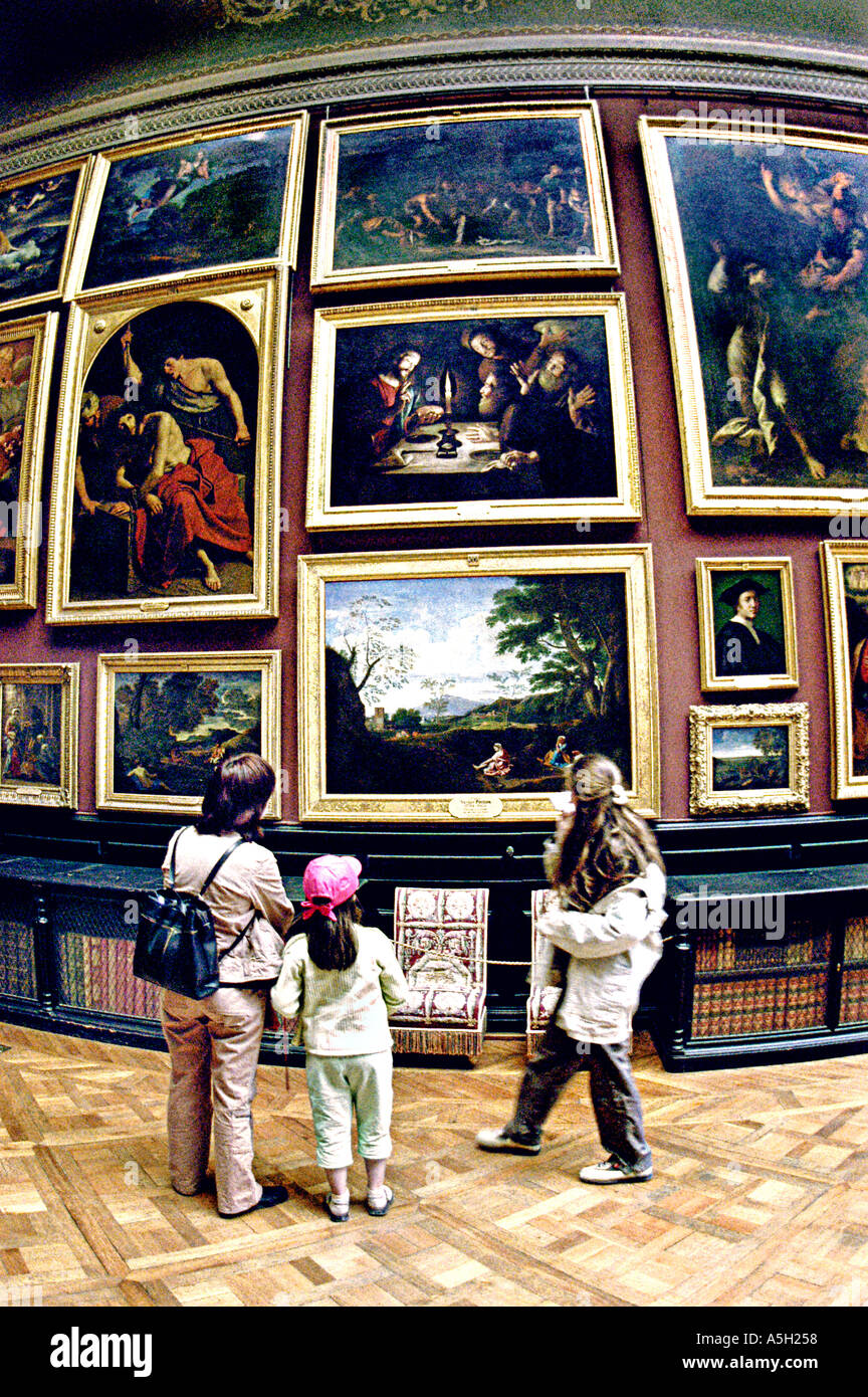 Chantilly, France, Group People, Mother With Female Children Visiting Art Gallery in Castle standing to discover to learn 'Chantilly Chateau' painting Stock Photo