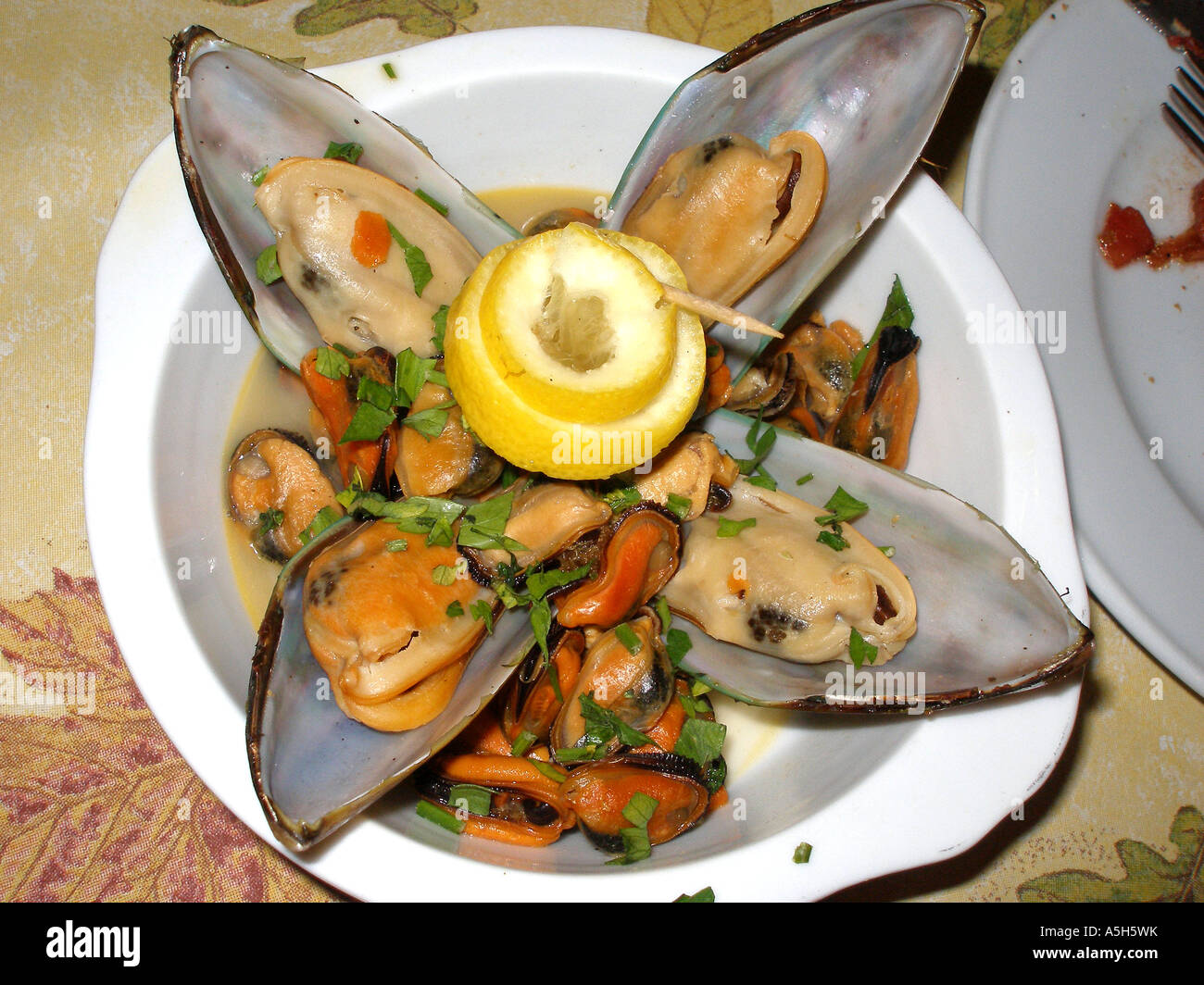 mussels, Greek dish as served in a Greek taverna Stock Photo