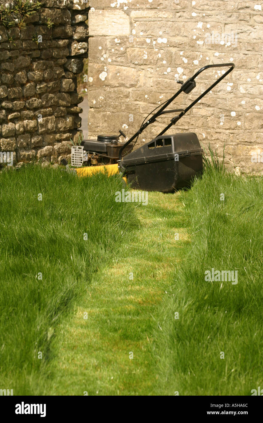 First cut of the year a lawnmower cuts a green swathe through the long grass Stock Photo