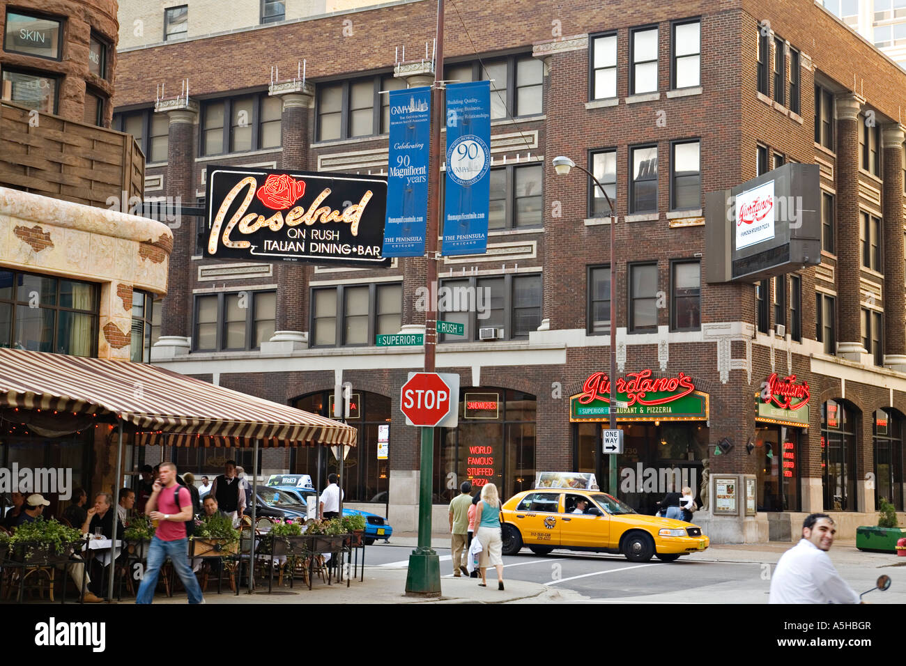 ILLINOIS Chicago Rosebud and Giordanos stuffed pizza restaurants on Rush Street intersection north side Stock Photo