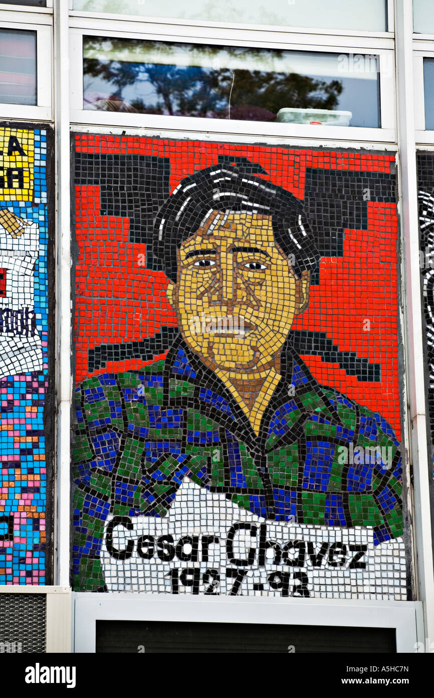 ILLINOIS Chicago Tile mosaic mural of Cesar Chavez Orozco and Cooper Academy building in Pilsen neighborhood Stock Photo